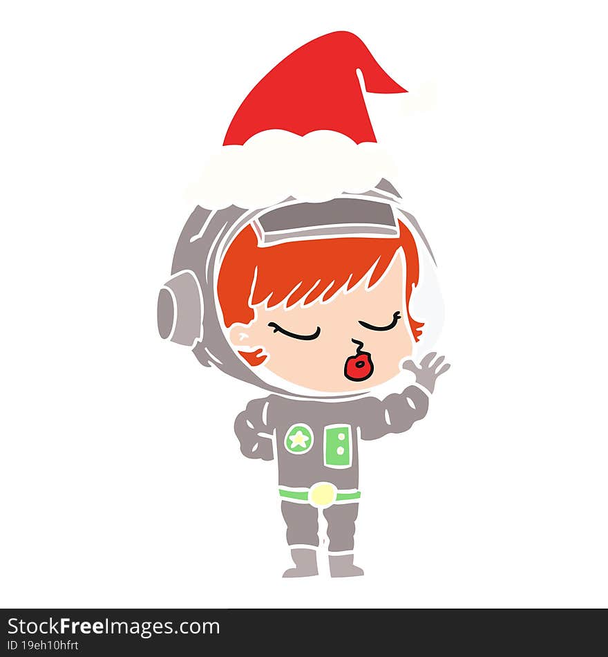 flat color illustration of a pretty astronaut girl wearing santa hat