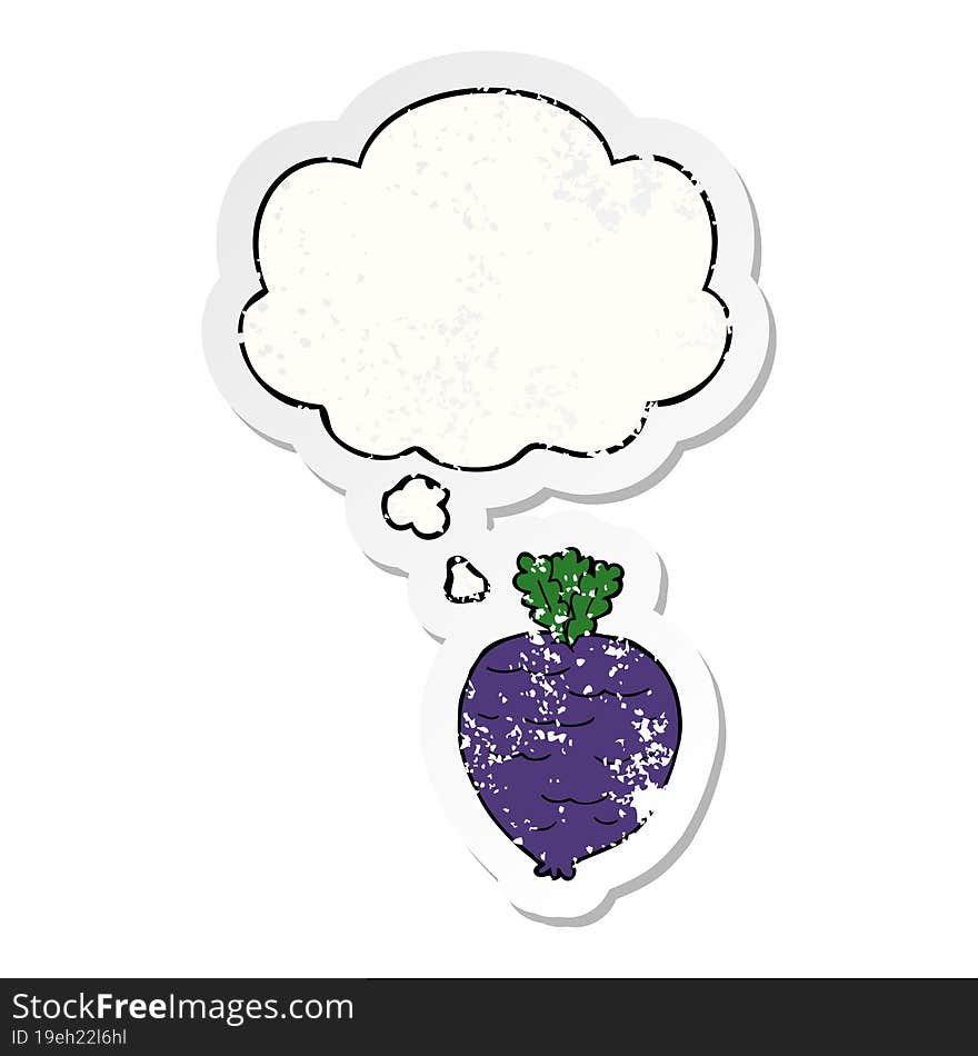 cartoon root vegetable with thought bubble as a distressed worn sticker