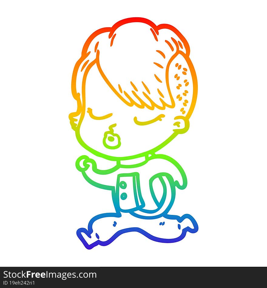 Rainbow Gradient Line Drawing Cartoon Pretty Hipster Girl