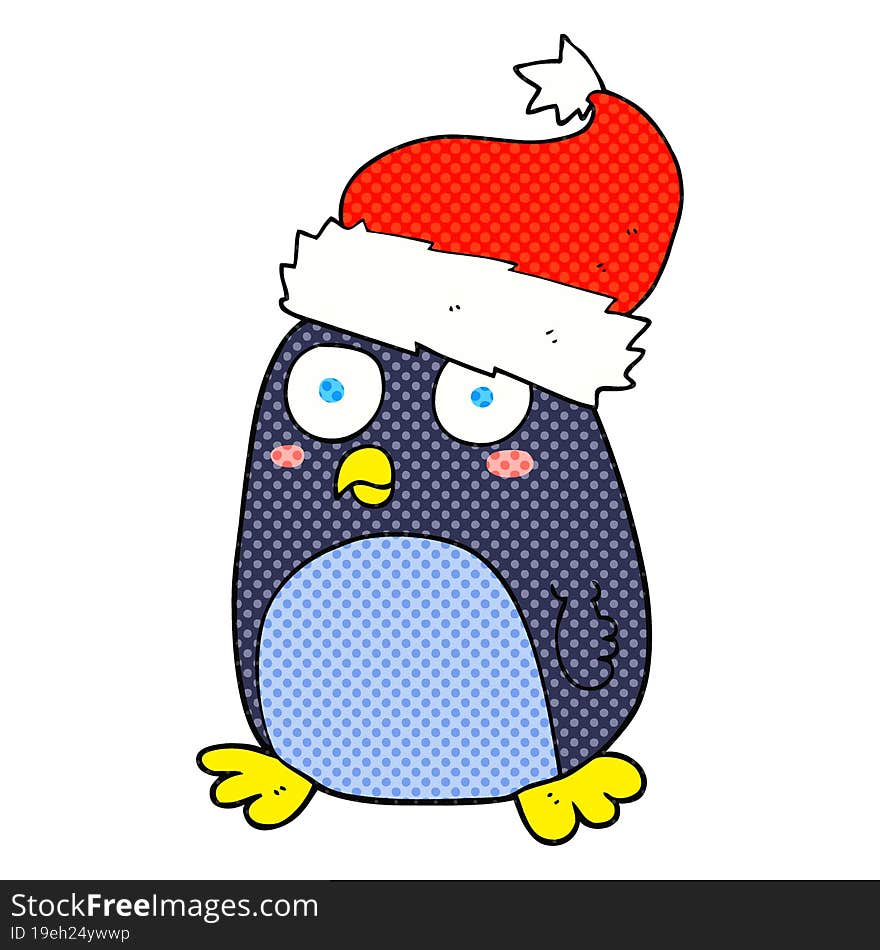 freehand drawn cartoon penguin in christmas hat