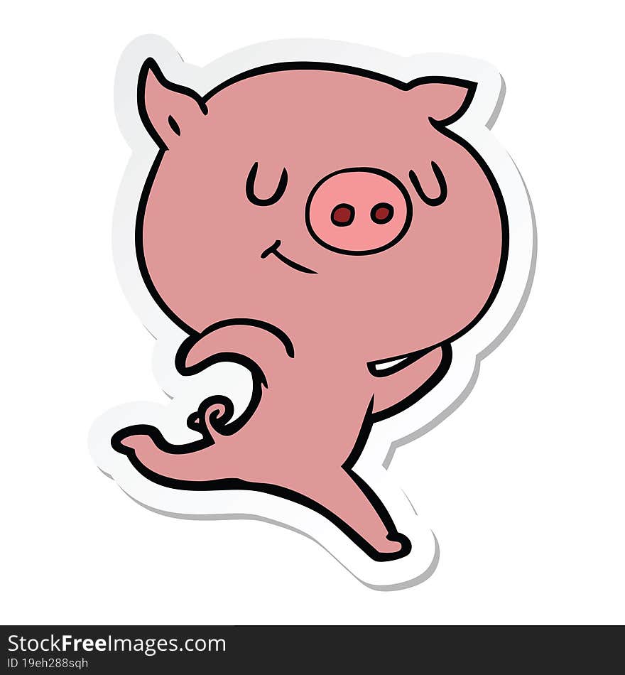 sticker of a happy cartoon pig running