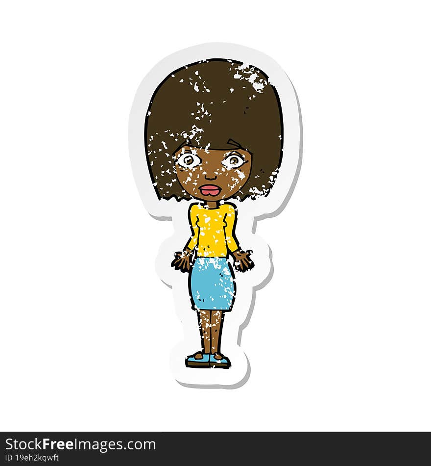 retro distressed sticker of a cartoon woman shrugging shoulders