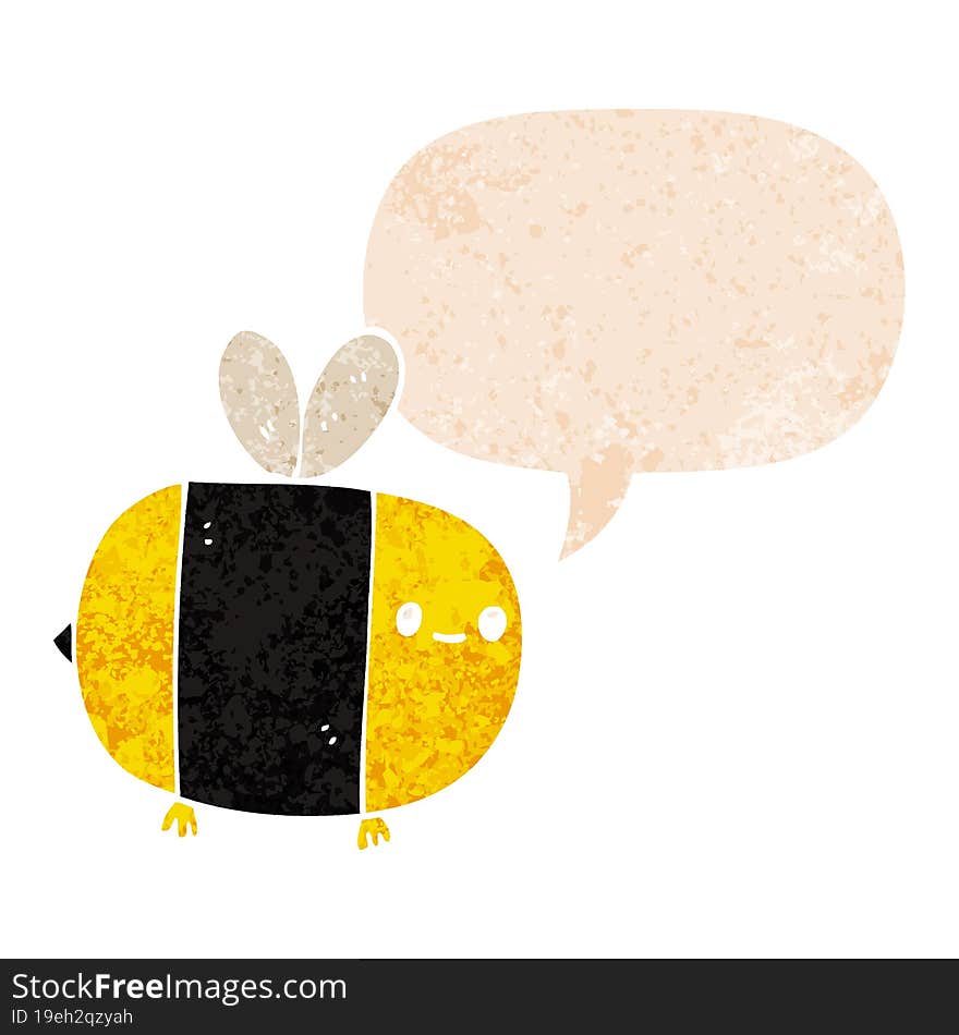 cute cartoon bee and speech bubble in retro textured style