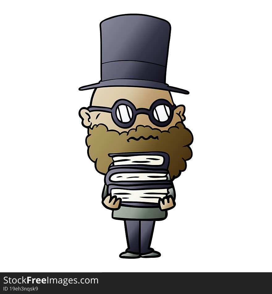 cartoon worried man with beard and stack of books. cartoon worried man with beard and stack of books