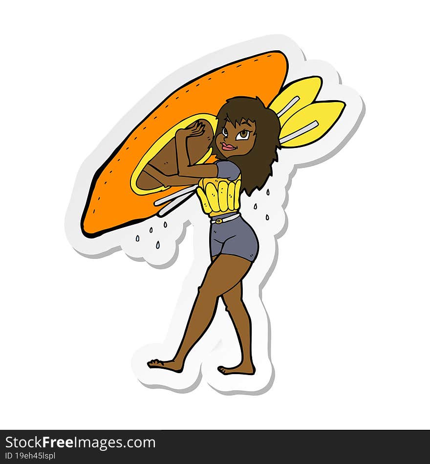 sticker of a cartoon woman carrying canoe