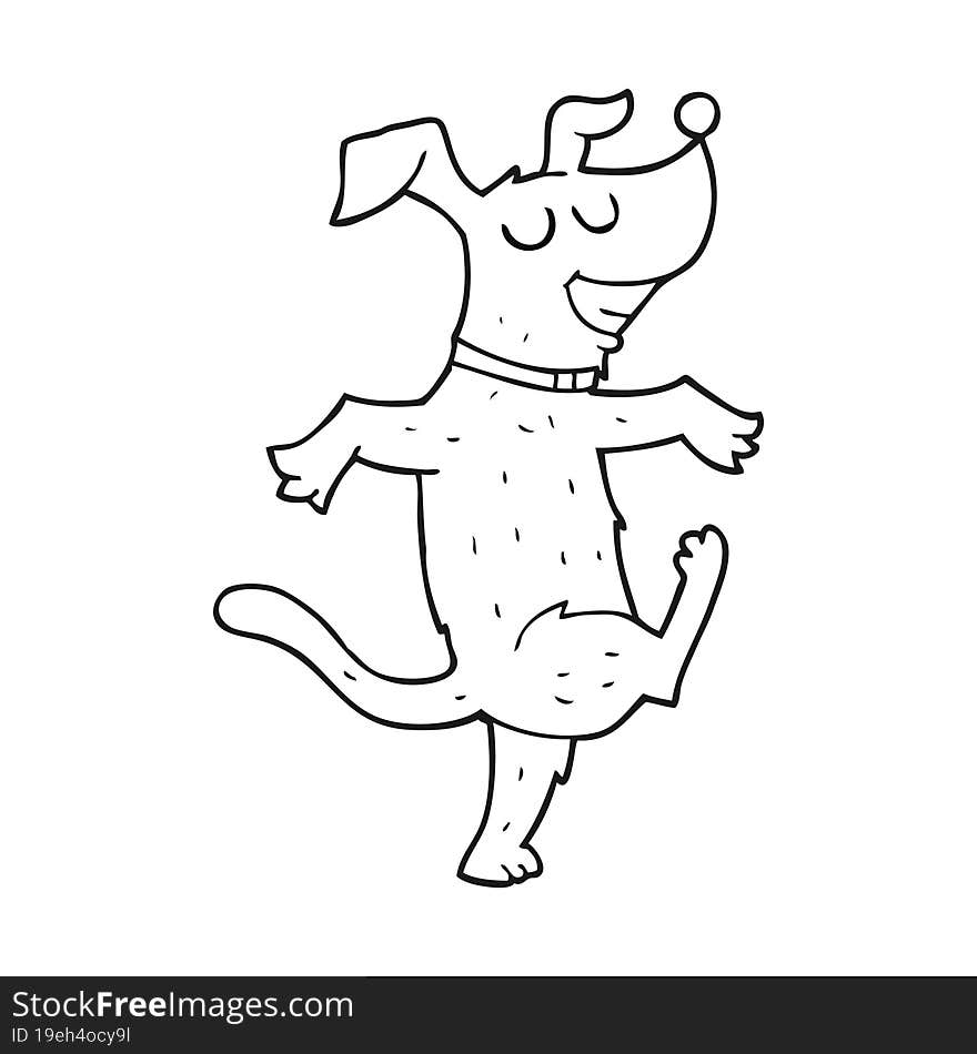 freehand drawn black and white cartoon dancing dog