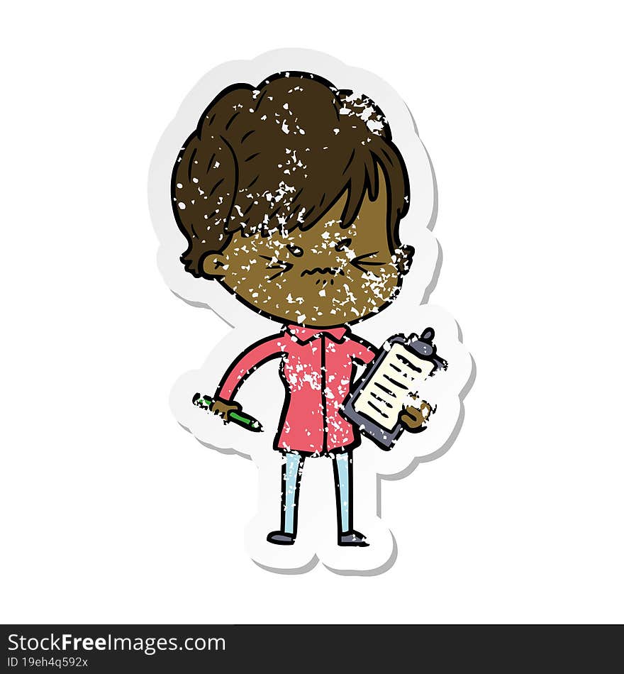 Distressed Sticker Of A Cartoon Frustrated Woman