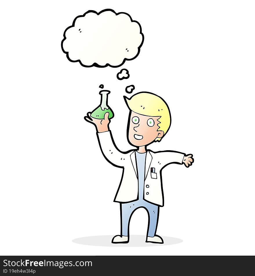 cartoon happy scientist with thought bubble