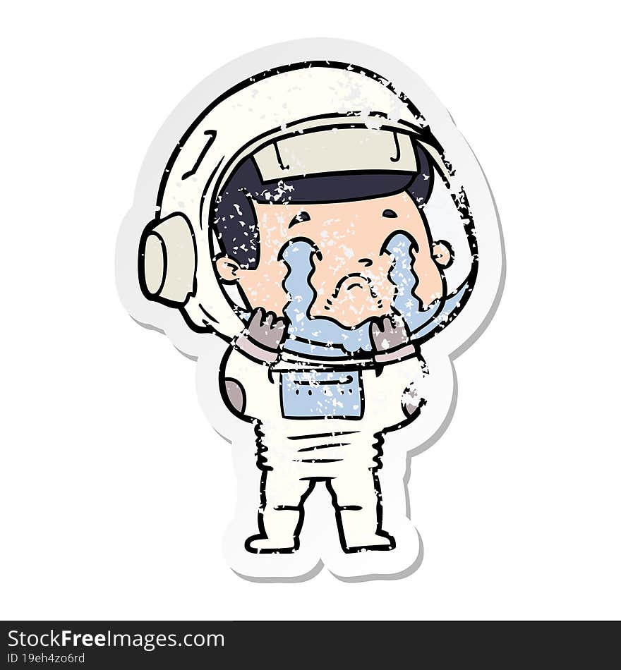 distressed sticker of a cartoon crying astronaut