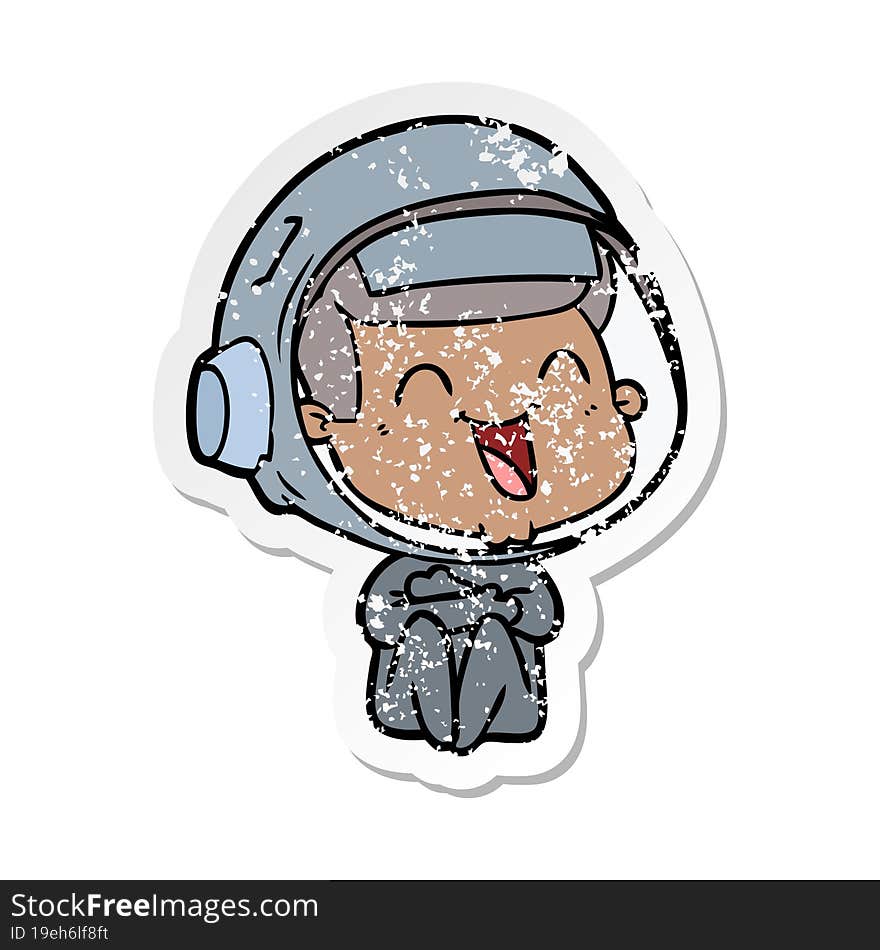 distressed sticker of a happy cartoon astronaut