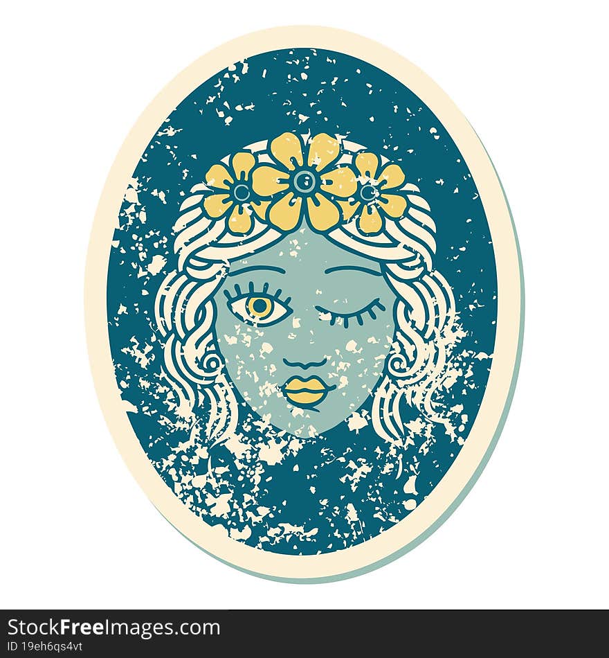 distressed sticker tattoo style icon of a maiden with crown of flowers winking