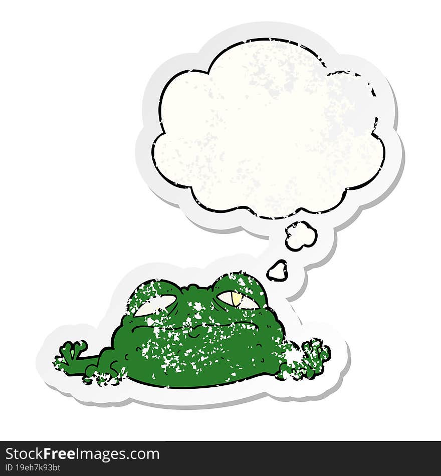 cartoon ugly frog with thought bubble as a distressed worn sticker