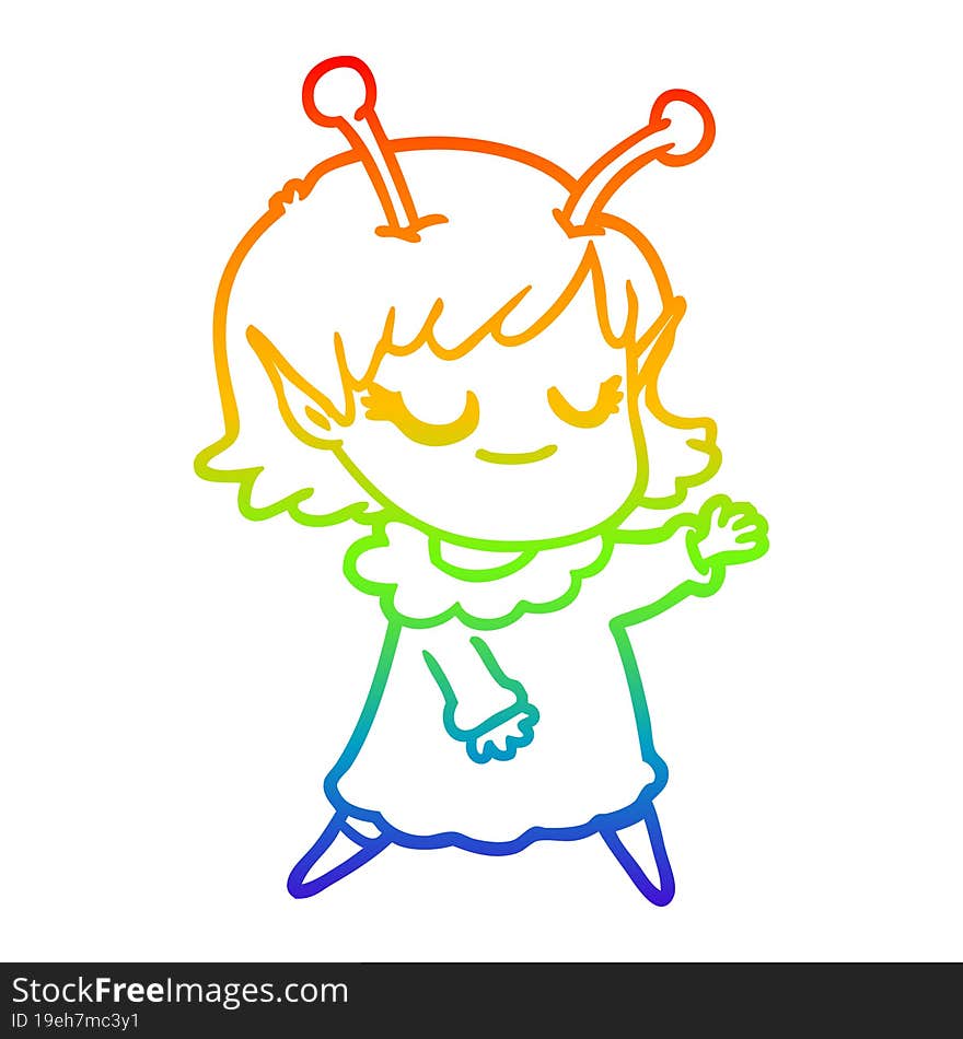 Rainbow Gradient Line Drawing Smiling Alien Girl Cartoon