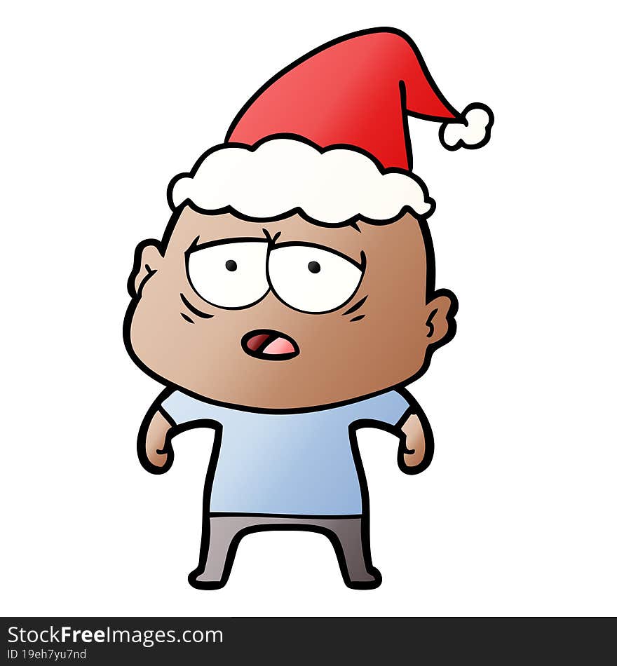 hand drawn gradient cartoon of a tired bald man wearing santa hat