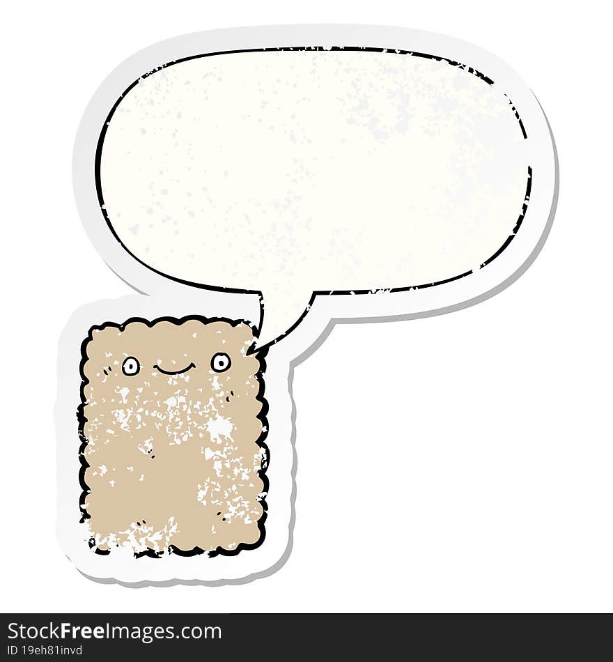 cartoon biscuit and speech bubble distressed sticker