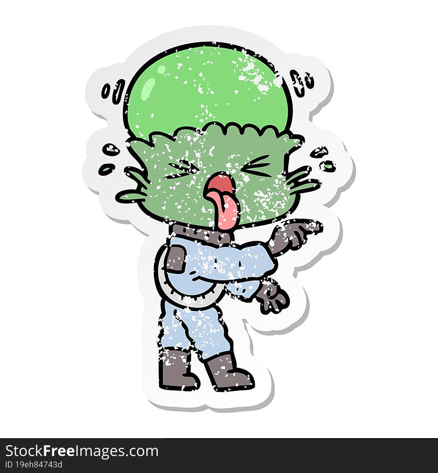 Distressed Sticker Of A Weird Cartoon Alien Pointing