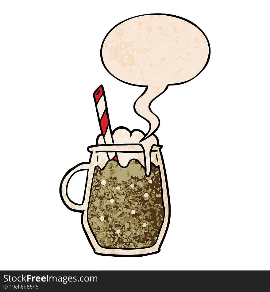 Cartoon Glass Of Root Beer And Straw And Speech Bubble In Retro Texture Style