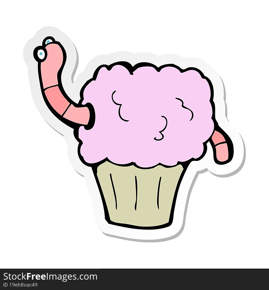 Sticker Of A Cartoon Worm In Cupcake