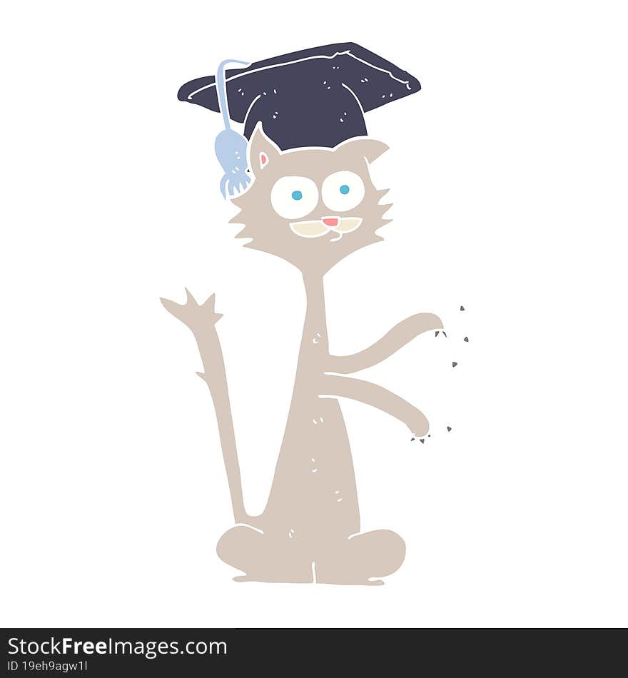 flat color illustration of a cartoon cat scratching with graduation cap