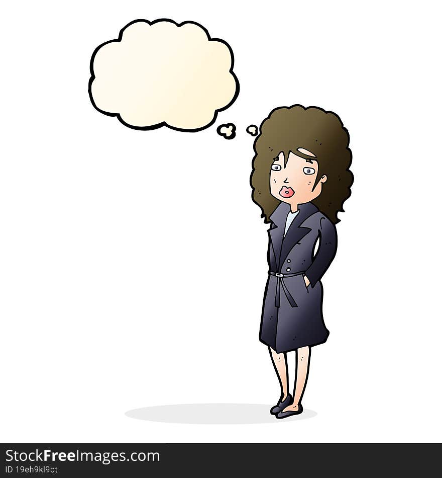 cartoon woman in trench coat with thought bubble