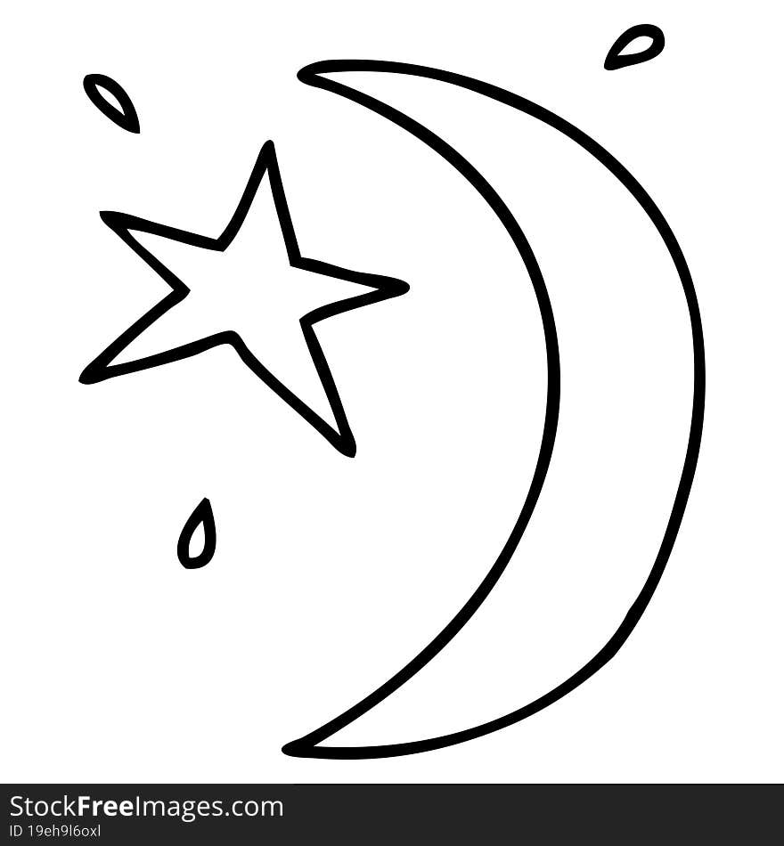 Line Drawing Doodle Of The Moon And A Star