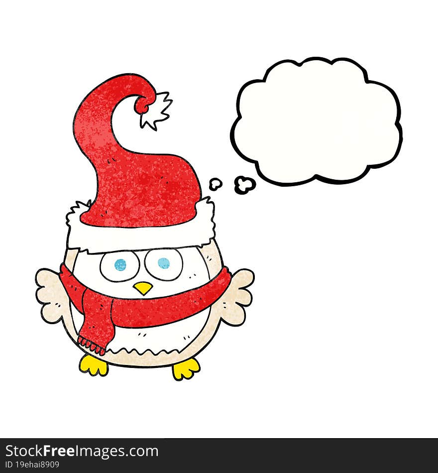 freehand drawn thought bubble textured cartoon owl wearing christmas hat