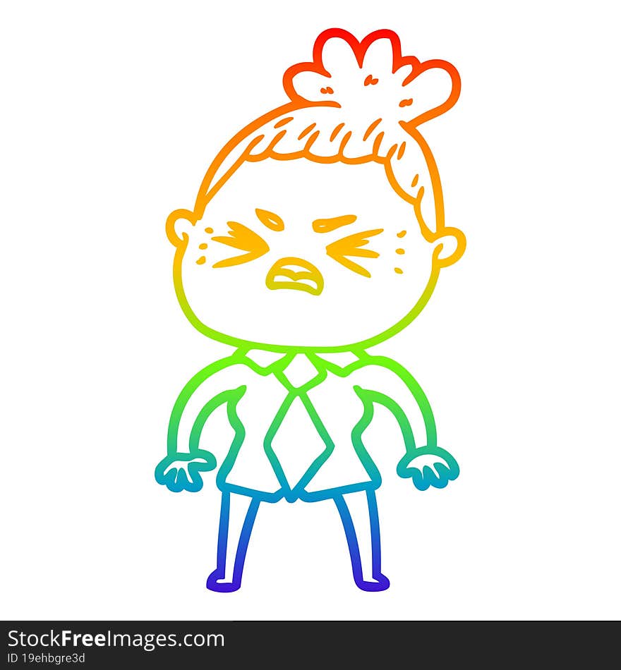 rainbow gradient line drawing of a cartoon angry woman