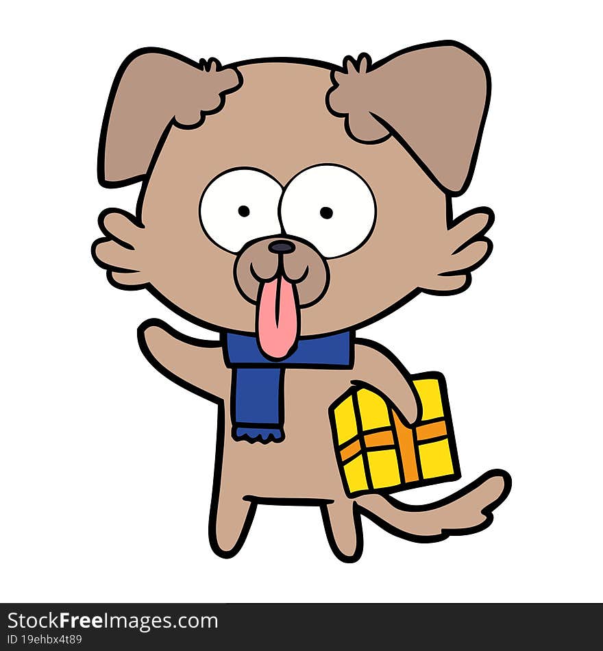 cartoon dog with christmas present. cartoon dog with christmas present