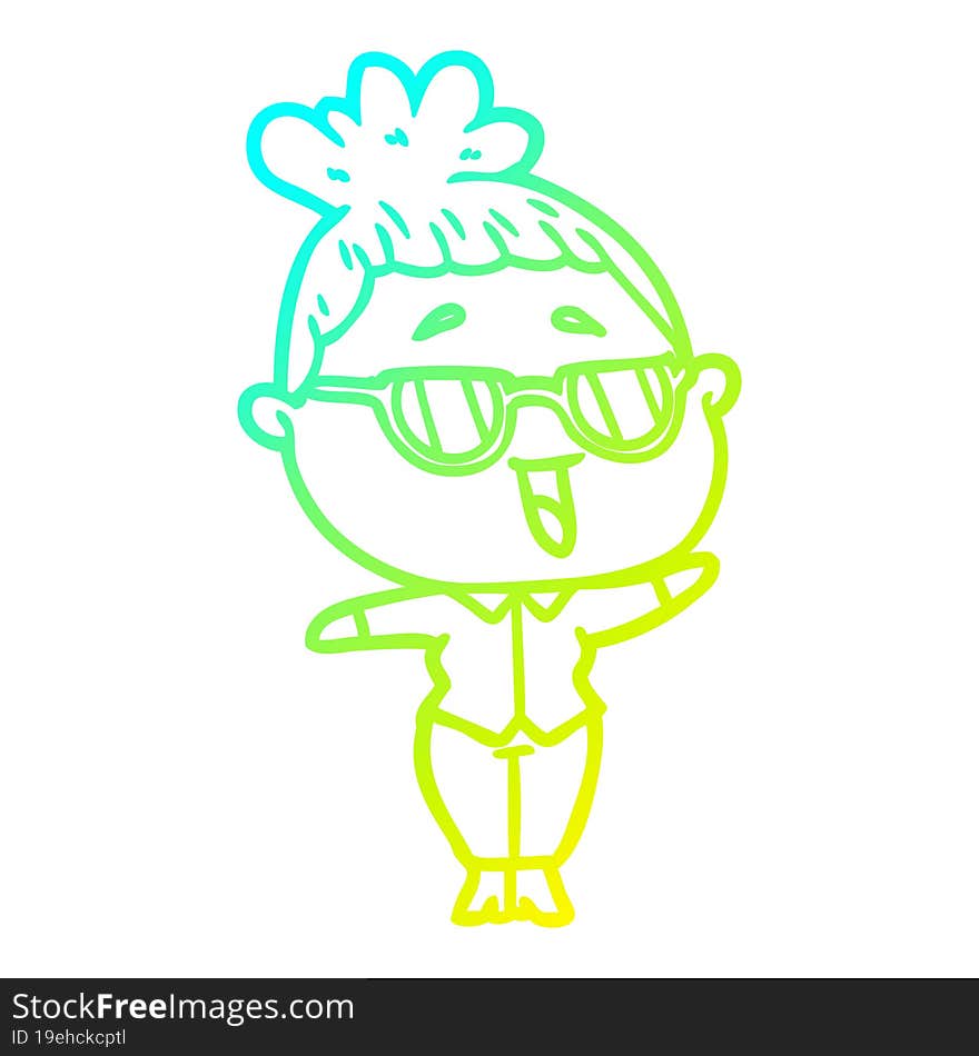 cold gradient line drawing cartoon happy woman wearing spectacles