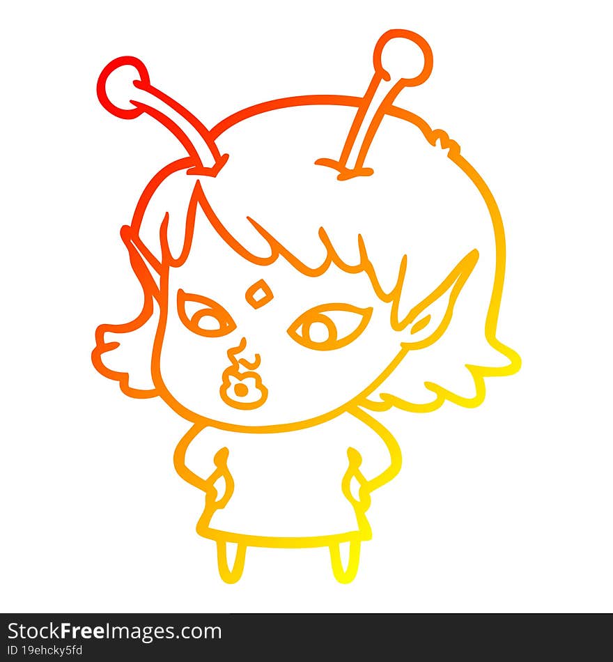 warm gradient line drawing pretty cartoon alien girl