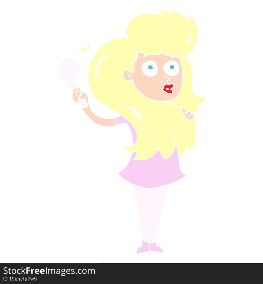 Flat Color Illustration Of A Cartoon Woman Brushing Hair