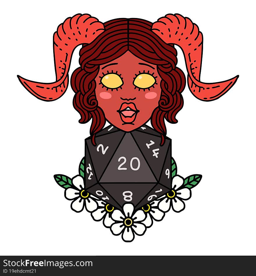 Tiefling With Natural Twenty Dice Roll Illustration