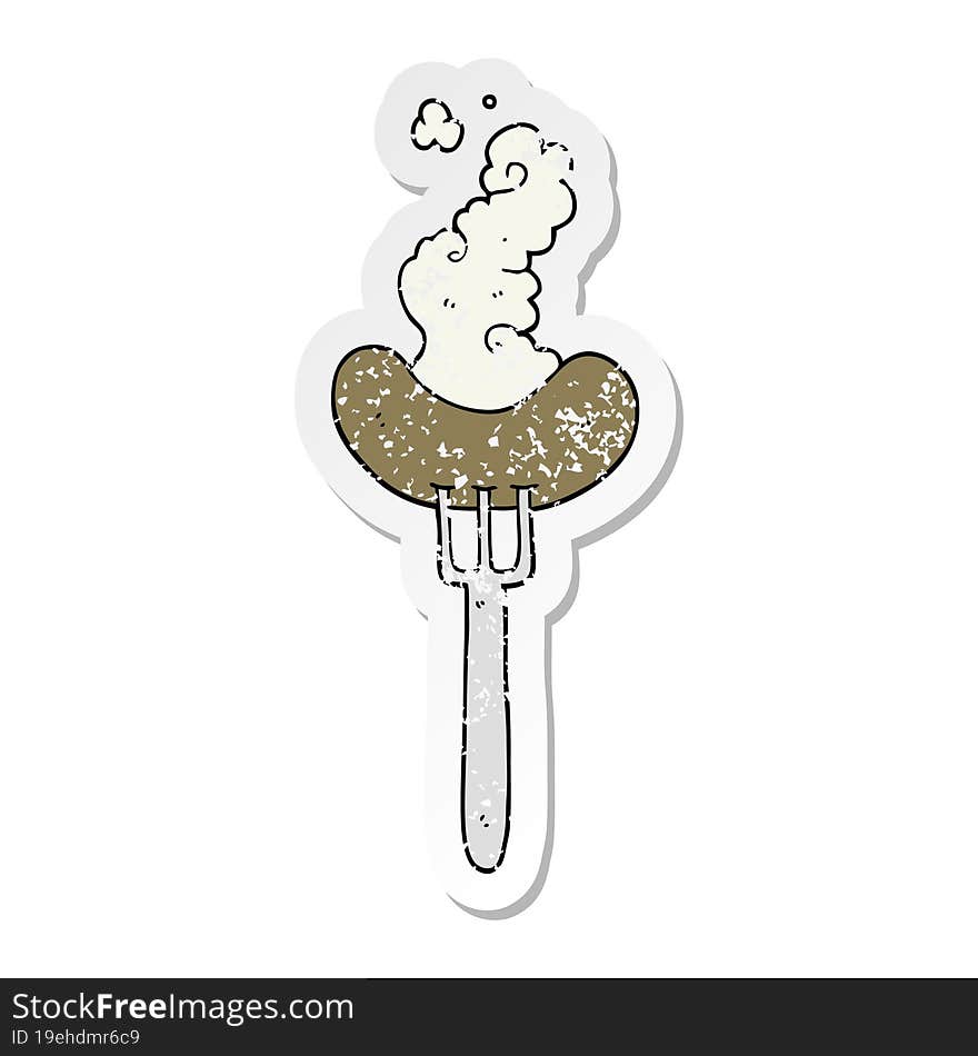 Distressed Sticker Of A Cartoon Sausage On Fork