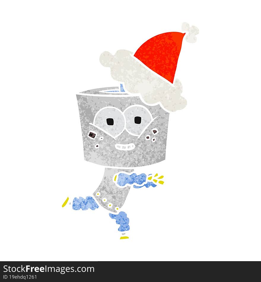 happy retro cartoon of a robot wearing santa hat