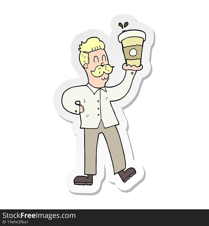 Sticker Of A Cartoon Man With Coffee Cups