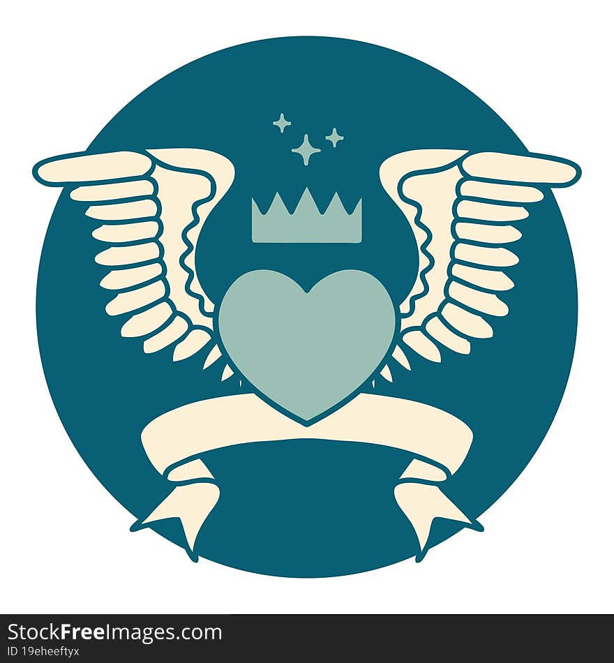 tattoo style icon with banner of a heart with wings