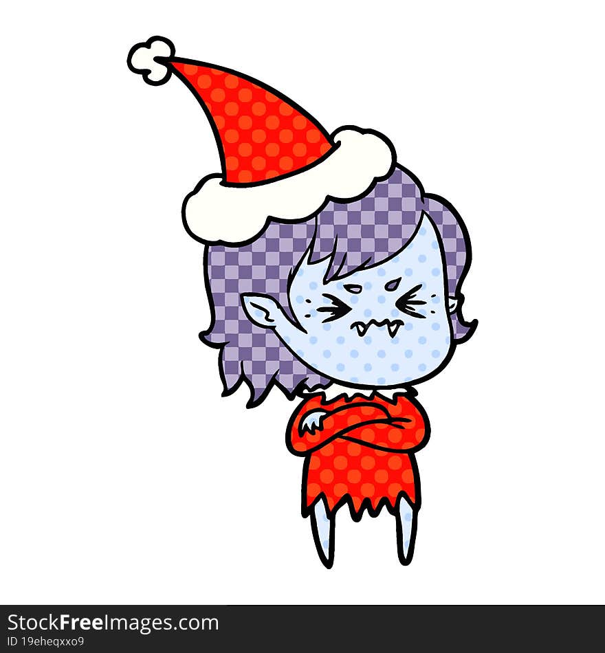 annoyed comic book style illustration of a vampire girl wearing santa hat