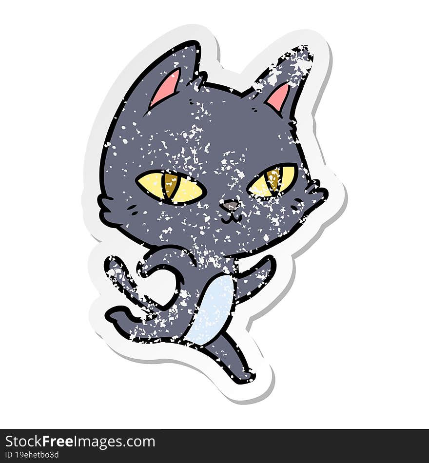 distressed sticker of a cartoon cat staring