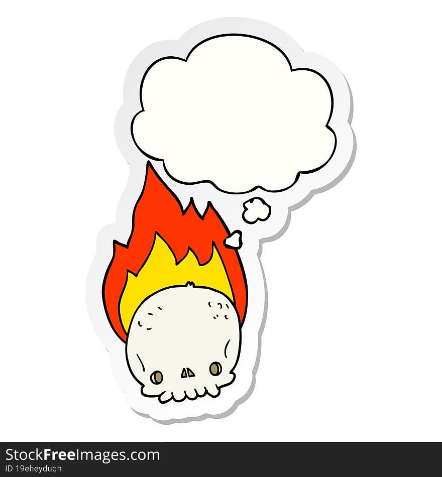 spooky cartoon flaming skull and thought bubble as a printed sticker