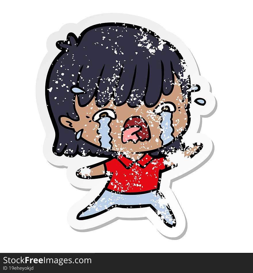 distressed sticker of a cartoon girl crying