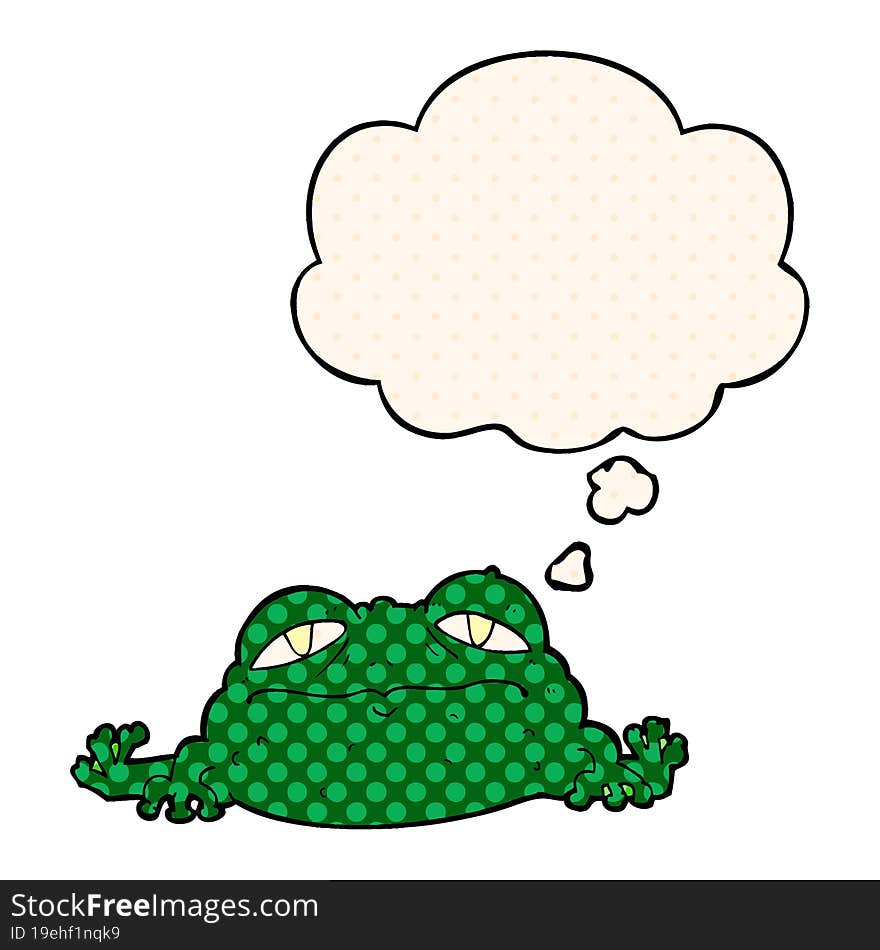 cartoon ugly frog with thought bubble in comic book style