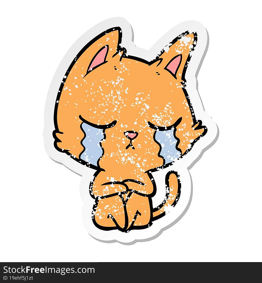 distressed sticker of a crying cartoon cat sitting