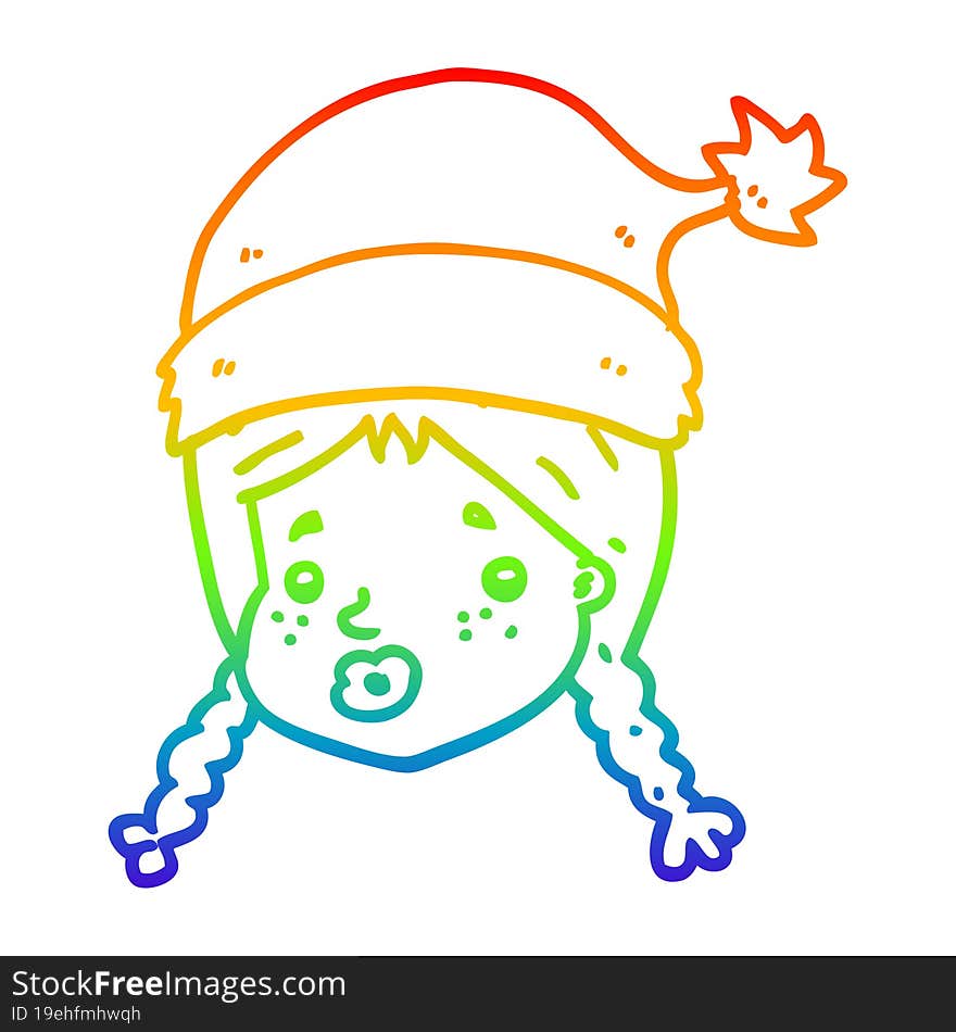 rainbow gradient line drawing cartoon girl wearing christmas hat