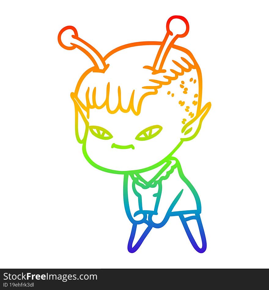 rainbow gradient line drawing of a cute cartoon alien girl