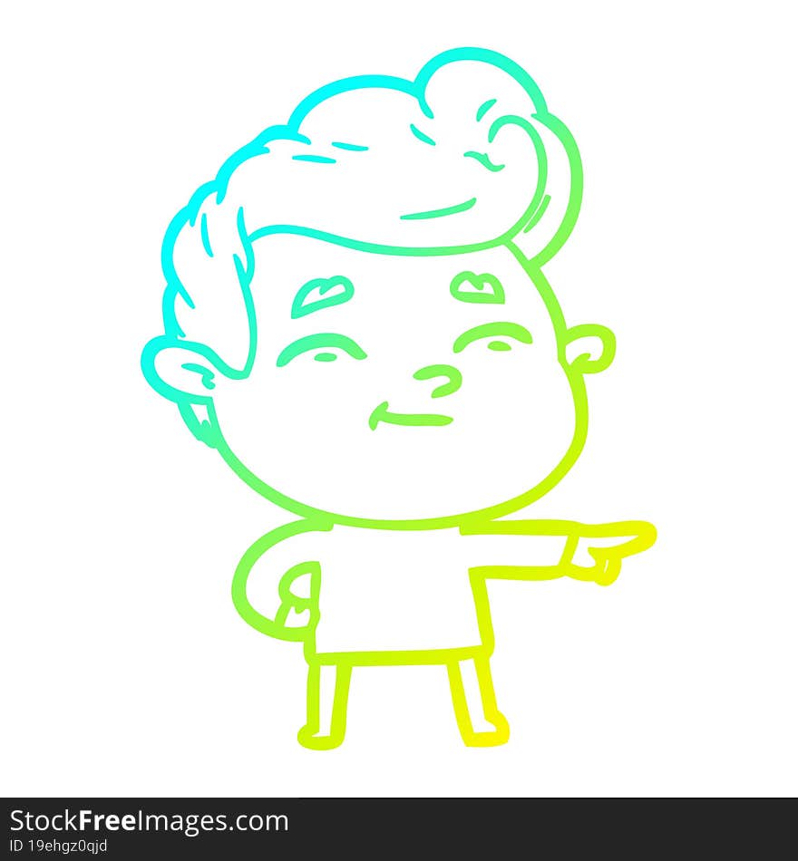 cold gradient line drawing of a happy cartoon man pointing