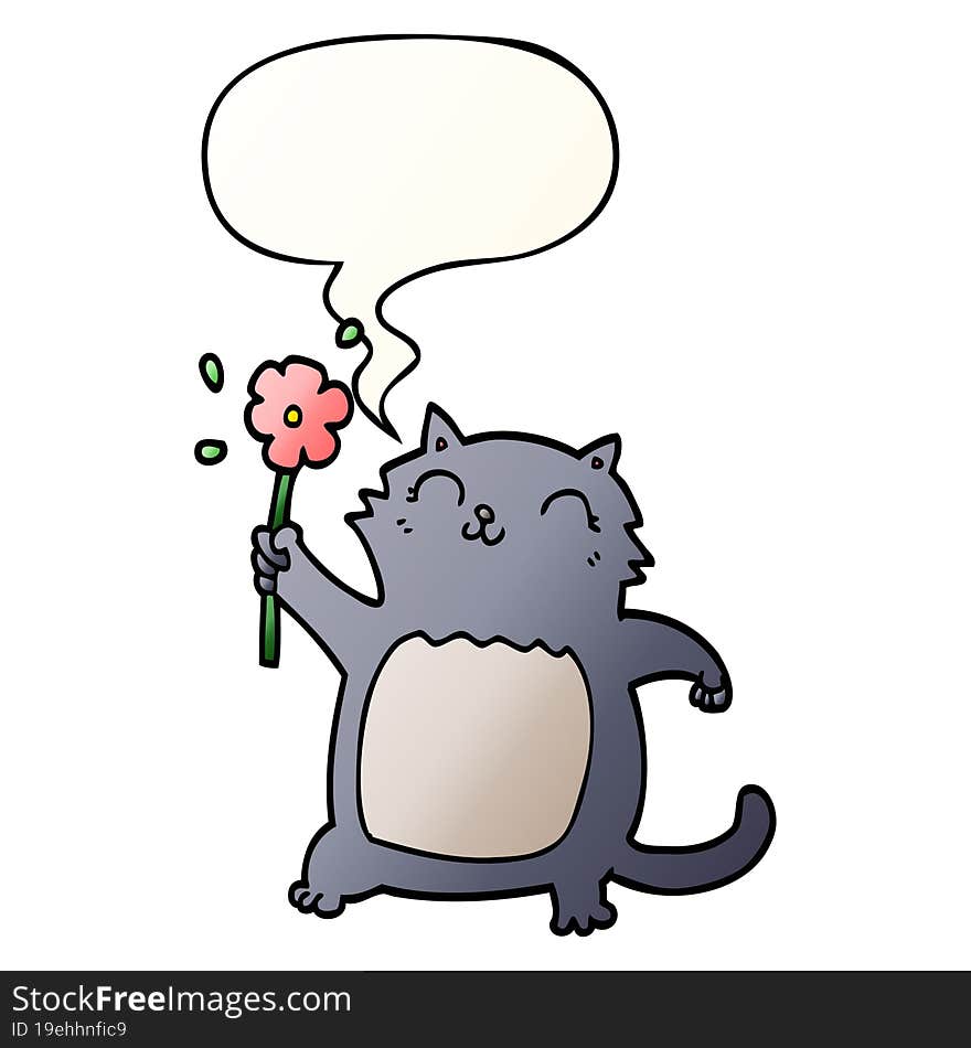 cartoon cat and flower and speech bubble in smooth gradient style