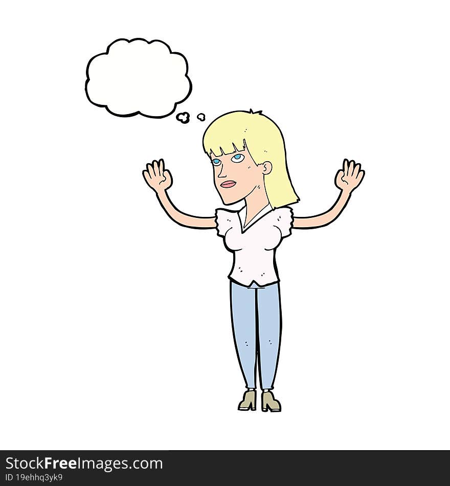 Cartoon Woman Throwing Hands In Air With Thought Bubble