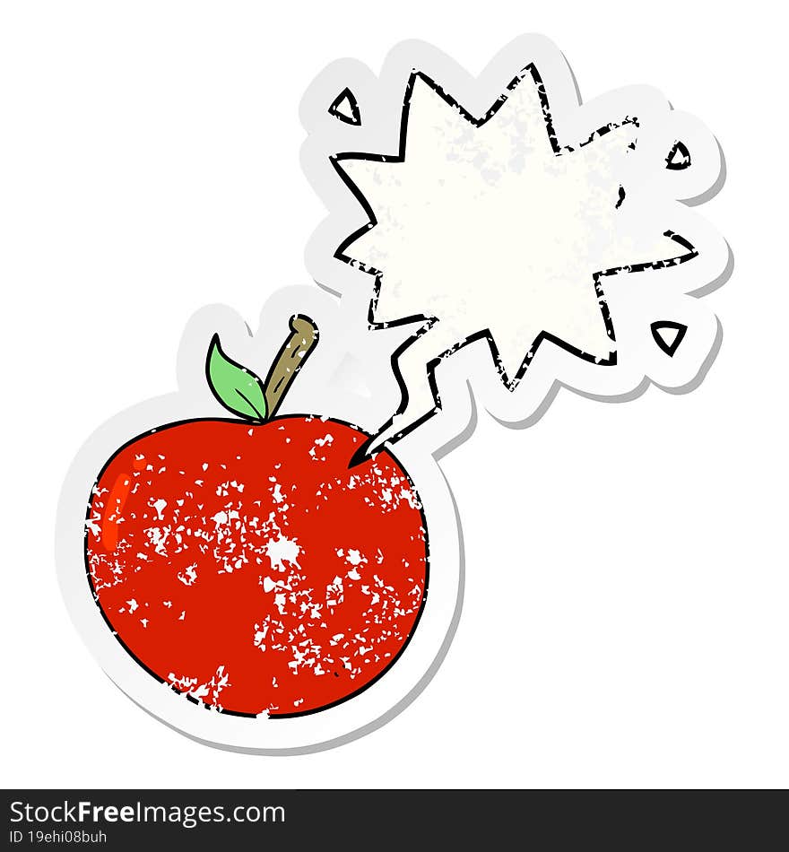 cartoon apple with speech bubble distressed distressed old sticker. cartoon apple with speech bubble distressed distressed old sticker