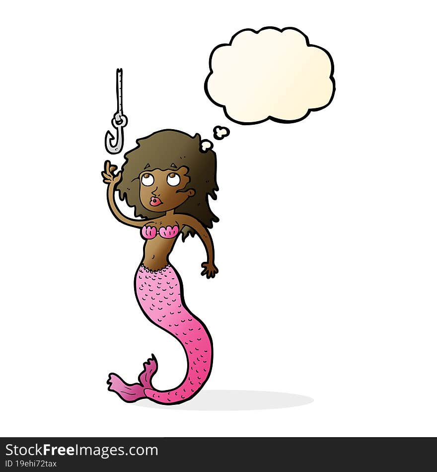 cartoon mermaid and fish hook with thought bubble