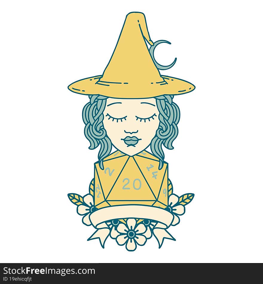 human witch with natural twenty dice roll illustration